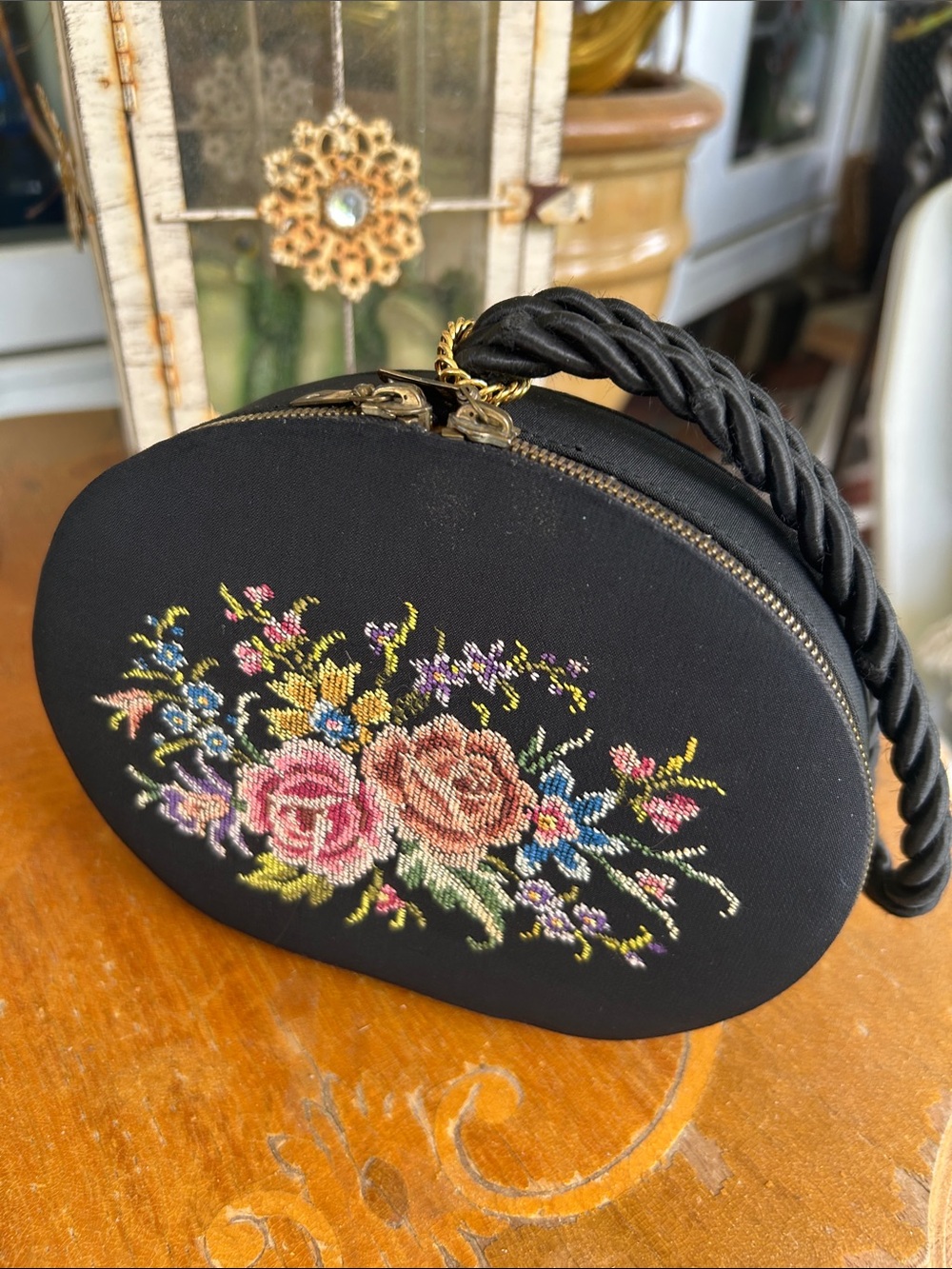 Vintage Black Floral Petit Point Needlepoint Wristlet Bag